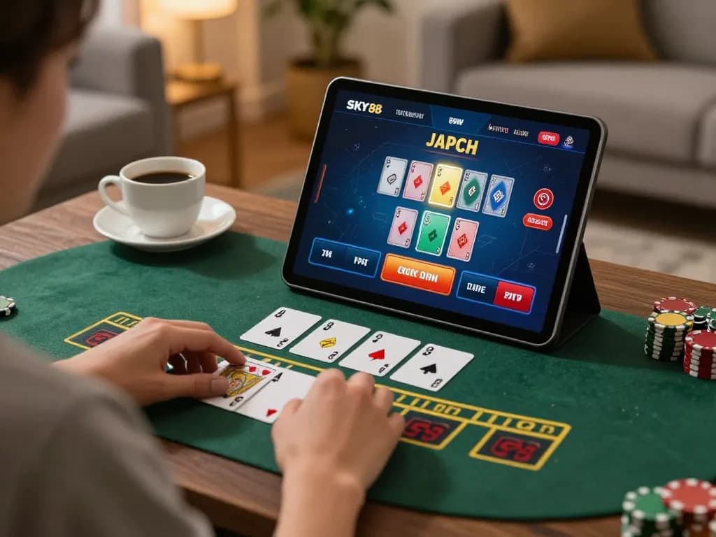 Engaging in a live dealer blackjack game on SKY88 tablet, cozy home gaming setup.
