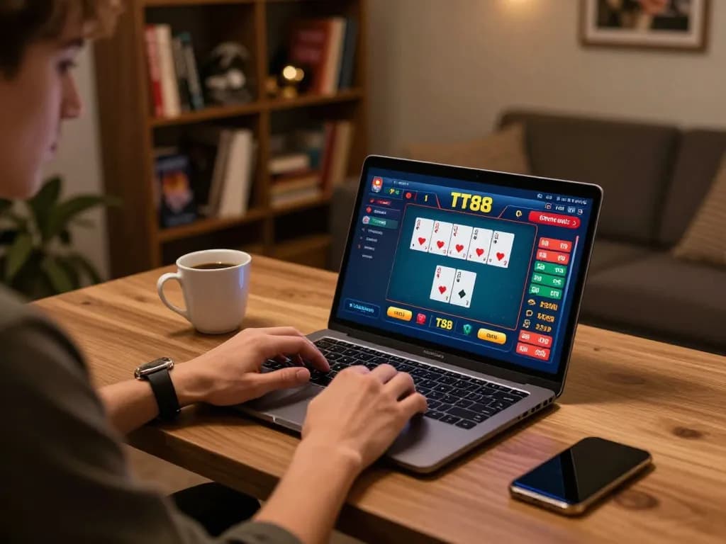 Engaged player using TT88 online casino platform for strategic gameplay at home.