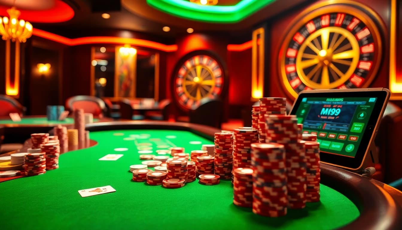 Players enjoying games at MM99 casino with vibrant colors and luxurious atmosphere.