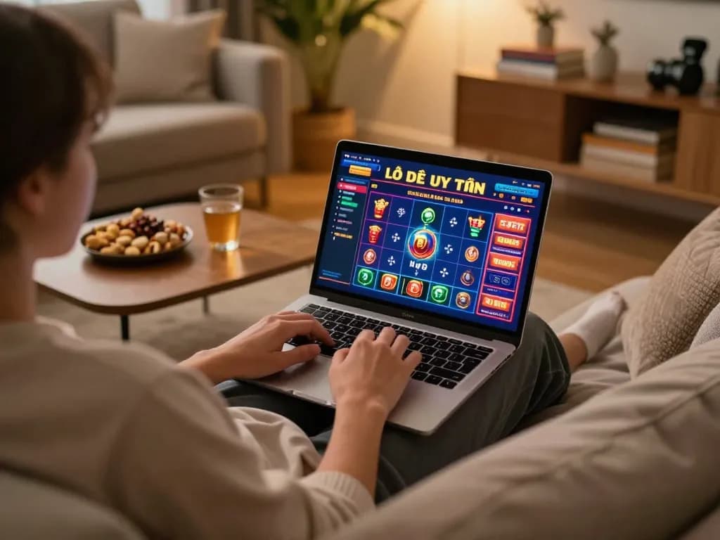 Lô Đề Uy Tín online gaming in a cozy home setting with a laptop and snacks.
