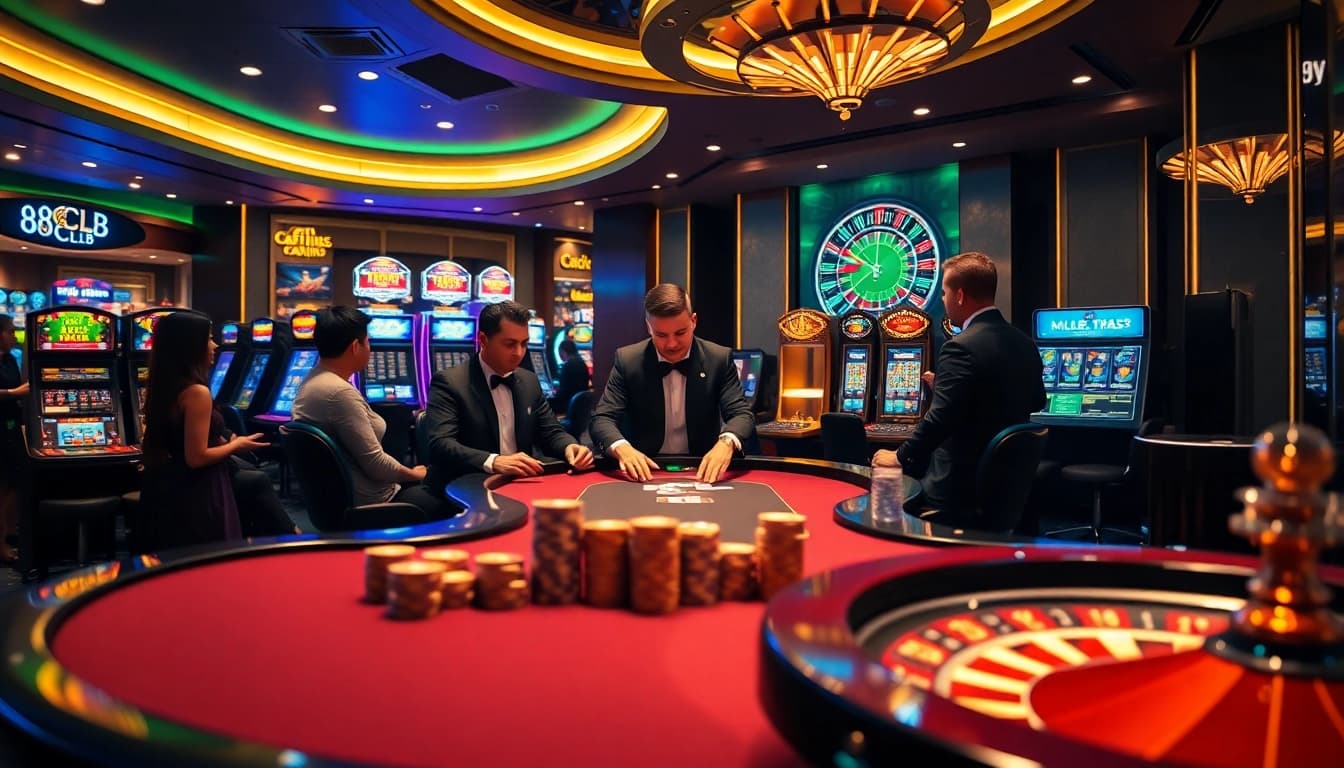 Exciting casino scene at 88CLB with poker players and a roulette table.