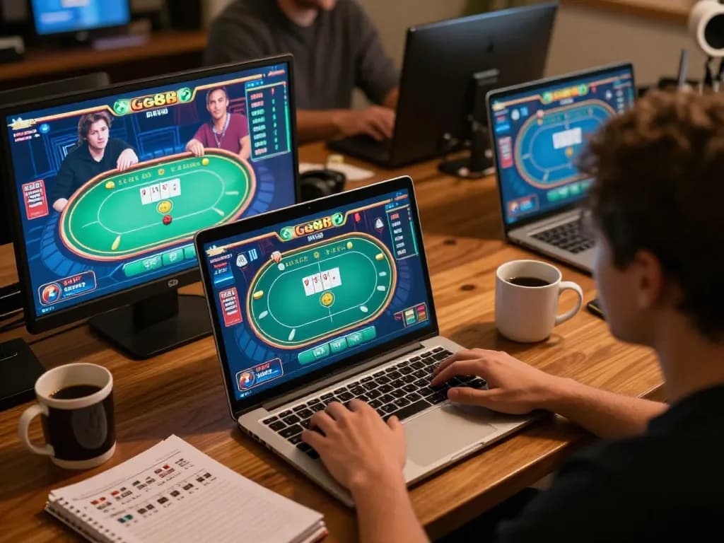 Player engaging in GG88 online poker game, surrounded by strategy notes and coffee, showcasing an inviting gaming atmosphere.