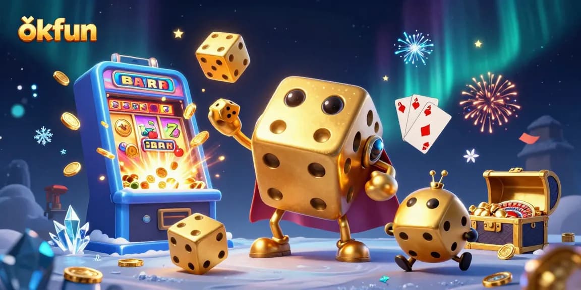 Spin jackpots with okfun’s vibrant casino elements, featuring lively golden dice and thrilling games.