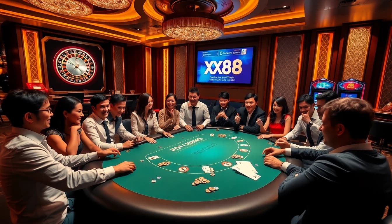 Players enjoying poker and slot machines at XX88 Casino promoting excitement and strategy.