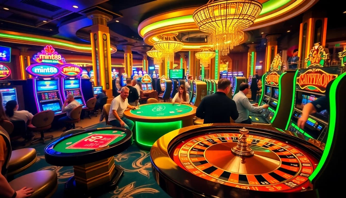 Engaging scene of players at a luxurious casino featuring mint88 slot machines and roulette tables.