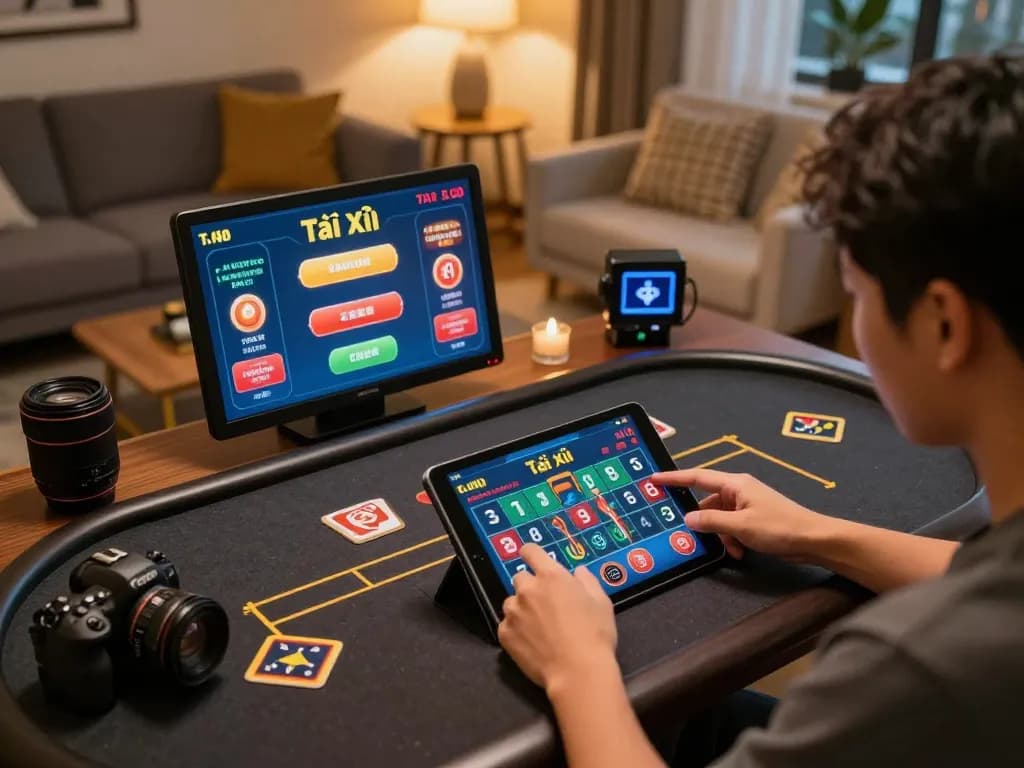 Tài Xỉu online action as a player engages with betting interface on tablet in inviting home setting.