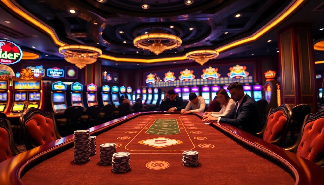 Experience the thrill of baccarat at https://red88.hot/, showcasing an elegant casino atmosphere filled with poker chips and slot machines.