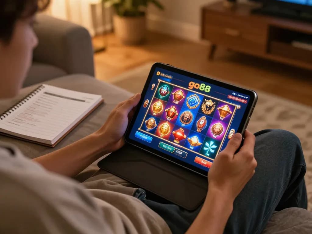 Player enjoying go88 online casino gaming on tablet in cozy home setting.
