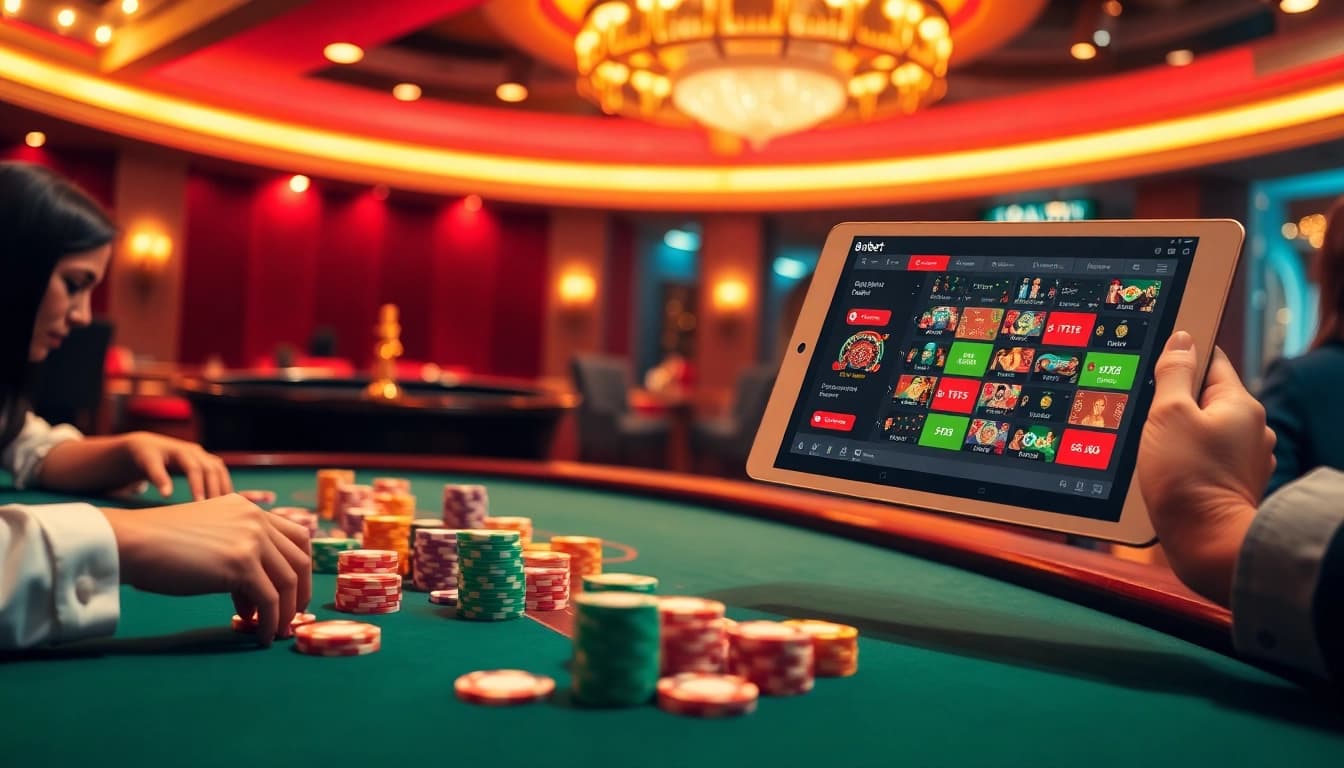 Experience the excitement of winning as players engage at the 8kbet poker table, surrounded by vibrant casino elements.