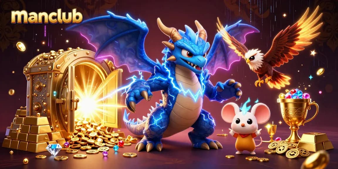 Engage with manclub's thrilling slot games surrounded by treasure, dragons, and dynamic energy.