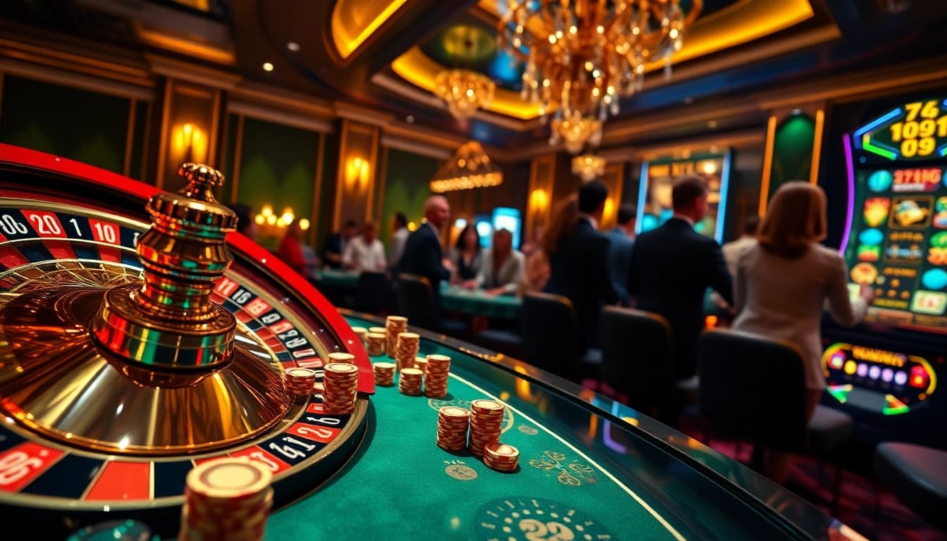Exciting casino scene representing i9bet with roulette wheel, poker chips, and online gaming elements.