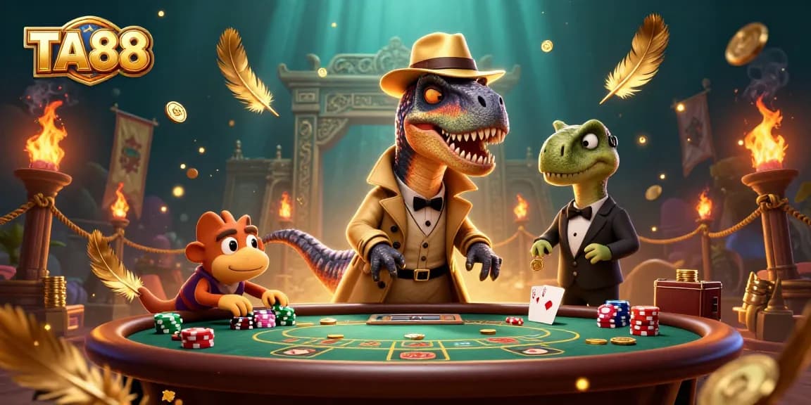 Experience TA88 excitement at a blackjack table with playful dinosaur characters and dynamic casino elements.