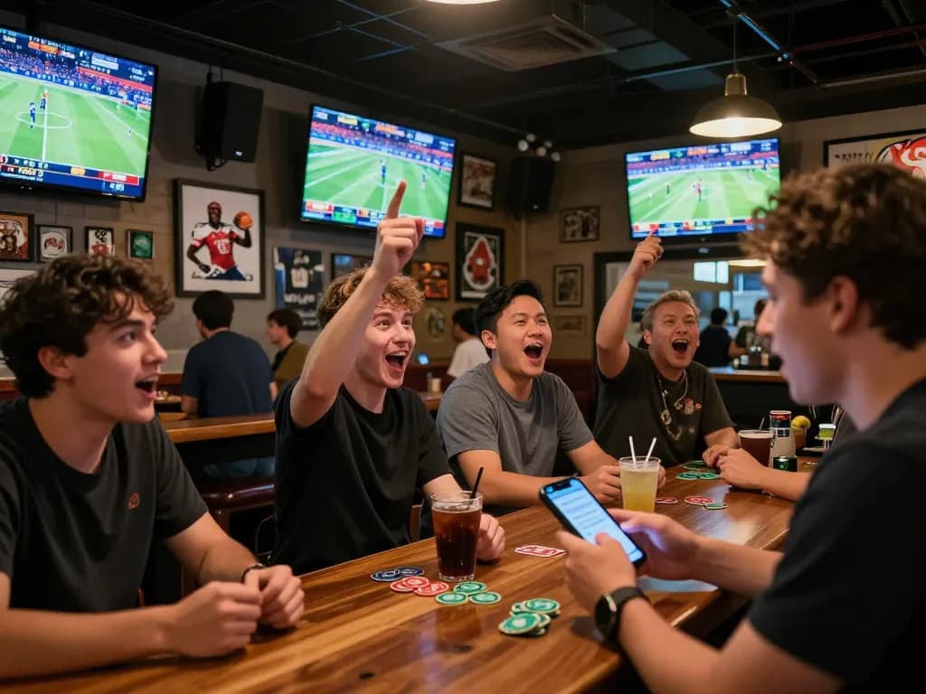 Excited patrons using mobile apps to place bets at good88 sports bar during live games