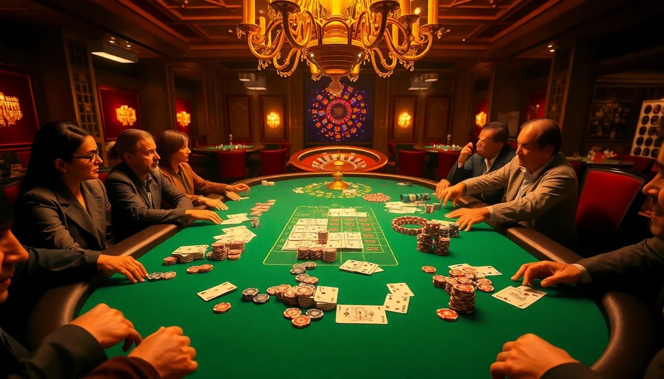 Players strategizing at a poker table while engaging with https://98win9.bid/ for thrilling casino experiences.