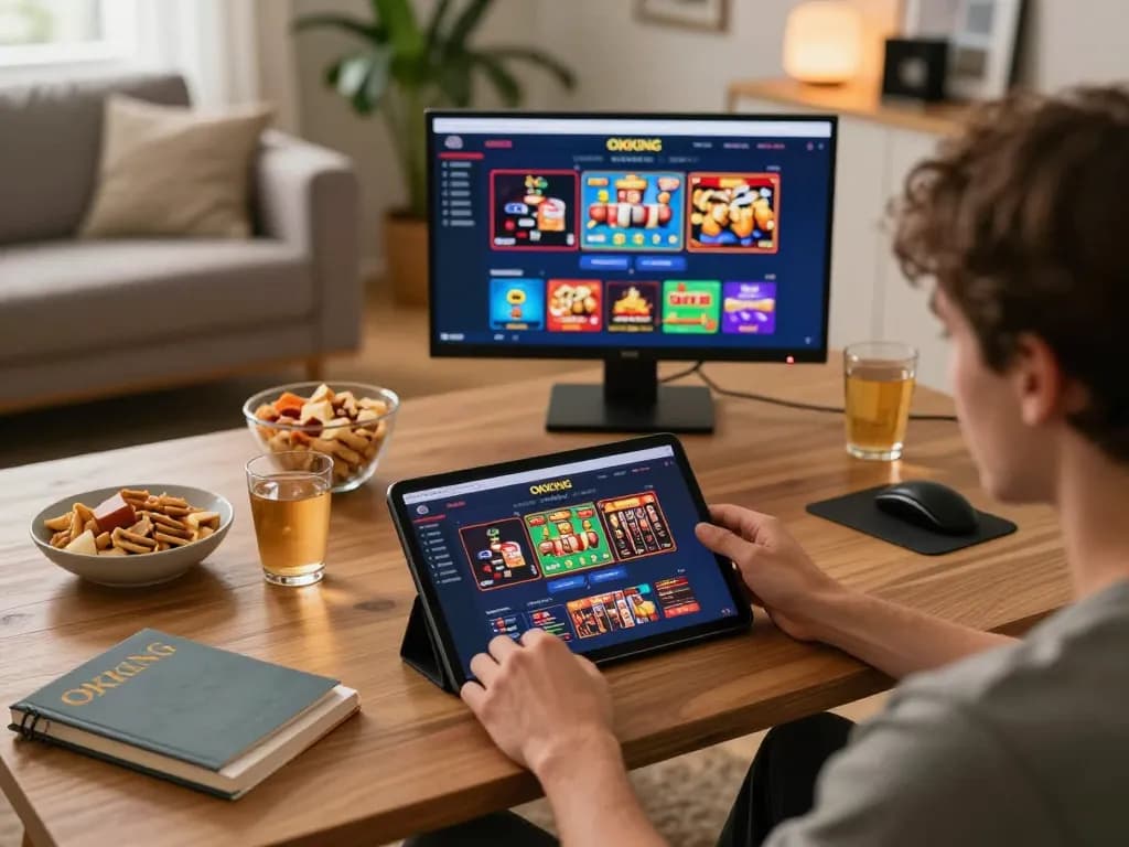 Player engaging with OKKING online casino on a tablet in a cozy home setting
