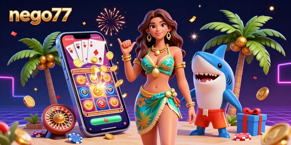Experience thrilling gameplay with nego77, showcasing a vibrant 3D scene of gaming excitement, including slot games and festive elements.