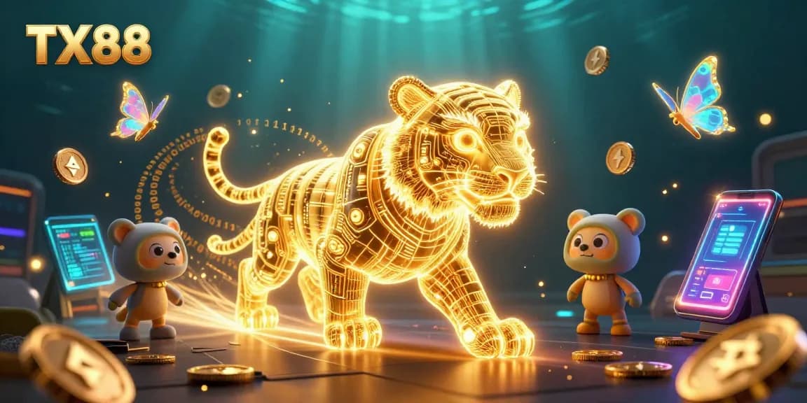 Experience the excitement of TX88 with a vibrant digital casino featuring a glowing tiger and crypto elements.