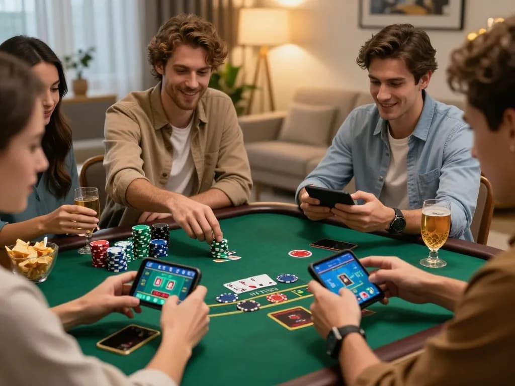 Players using smartphones for debet in a lively home gaming session.
