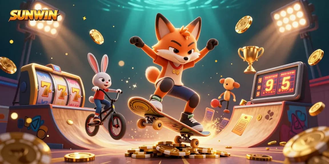 Experience thrilling wins at SUNWIN with a vibrant 3D illustration showcasing casino excitement in dynamic action.
