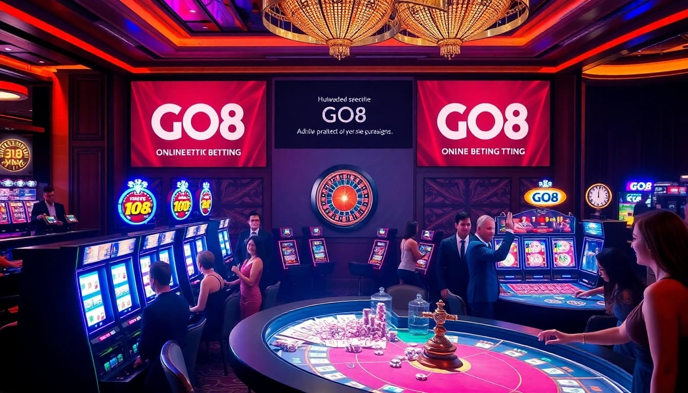 GO8 players enjoying a thrilling casino experience with vibrant slot machines and poker chips.