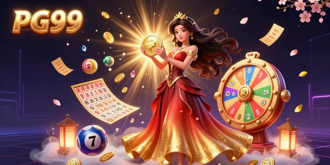 Win big at PG99 with a stunning illustration of a woman holding a golden coin amidst a dynamic casino scene.