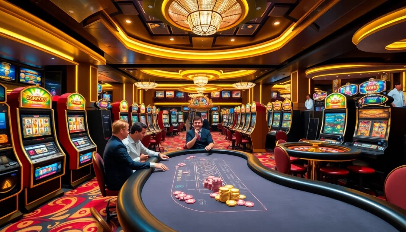 Players enjoying games at s666 casino, with vibrant atmosphere and exciting slot machines.