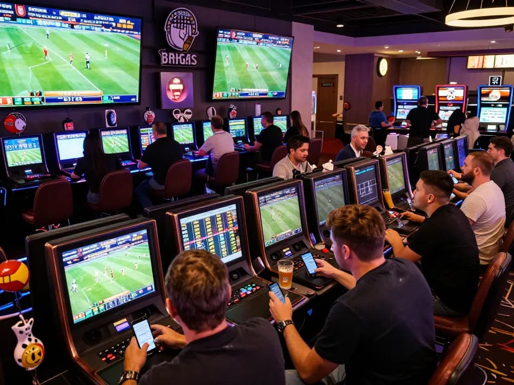 Bongdalu sports betting atmosphere with bettors engaged in live football match odds.