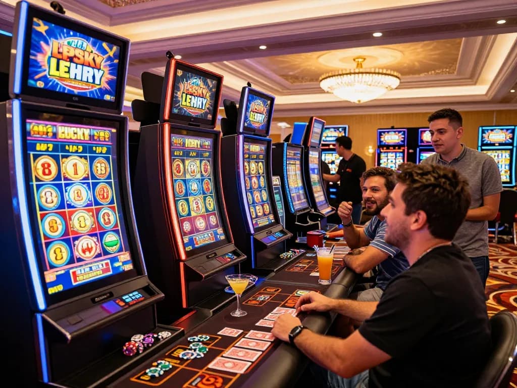Engaged players around a Lucky 88 slot machine in a vibrant casino, showcasing excitement and activity.