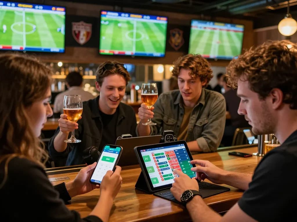 Socolive patrons celebrating sports betting with live odds on devices in a lively bar environment.