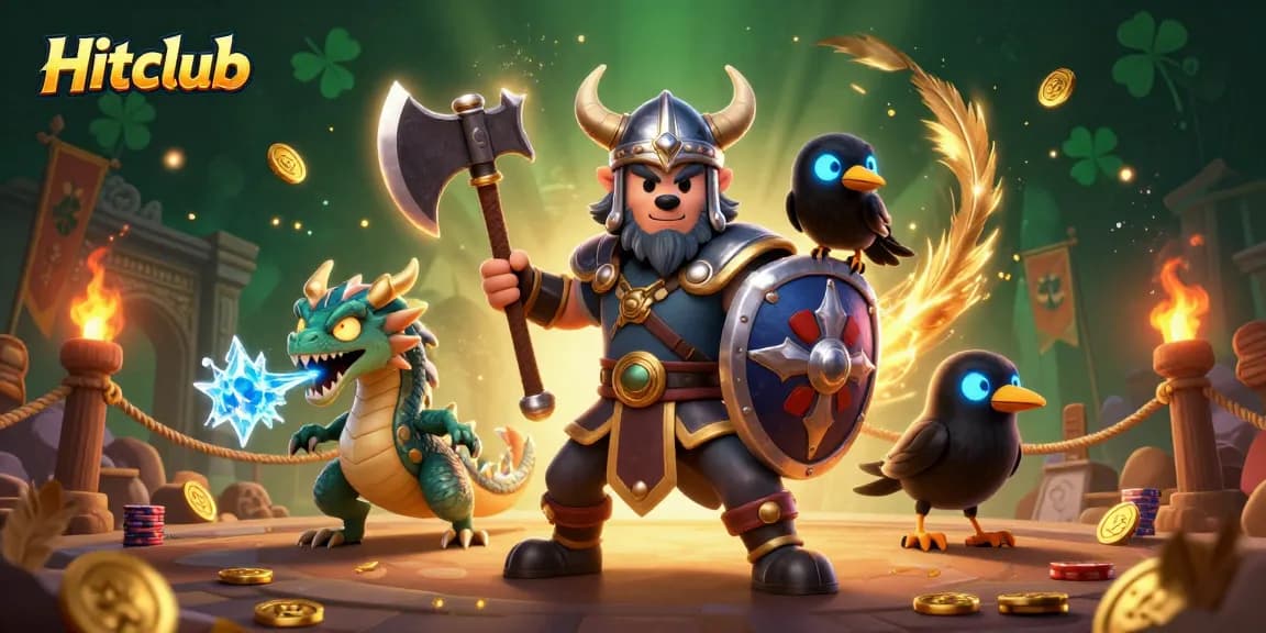 Hitclub enhances gaming excitement with a Viking warrior, dragon, and raven in an enchanted casino.