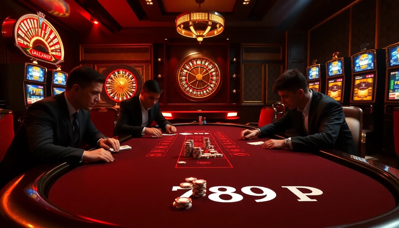 Attendees engaged in a high-stakes blackjack game at a casino featuring 789P-themed poker chips and luxurious decor.