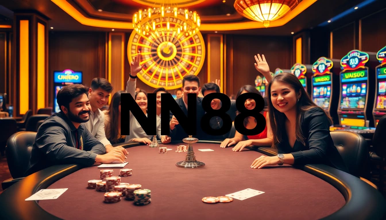 Players celebrate a big win at NN88's luxurious casino table, highlighting exciting gambling moments.