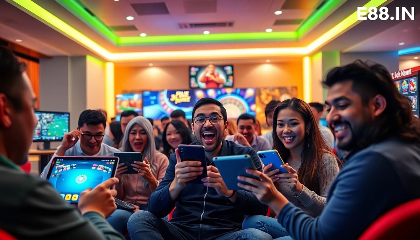 E88.IN players enjoying a diverse range of online games in a vibrant, engaging atmosphere.