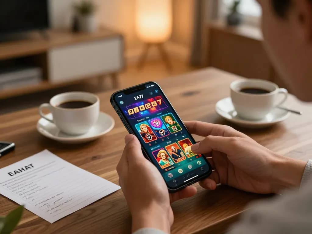 Experience thrilling online gaming with EA77's mobile app in modern home setup.