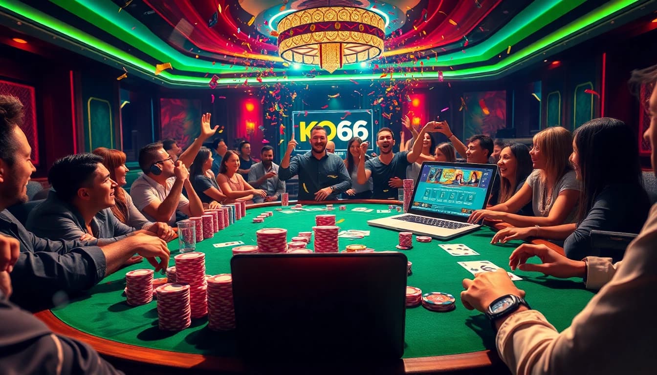 Players engaging at the KO66 poker table, surrounded by vibrant casino elements and high-stakes action.