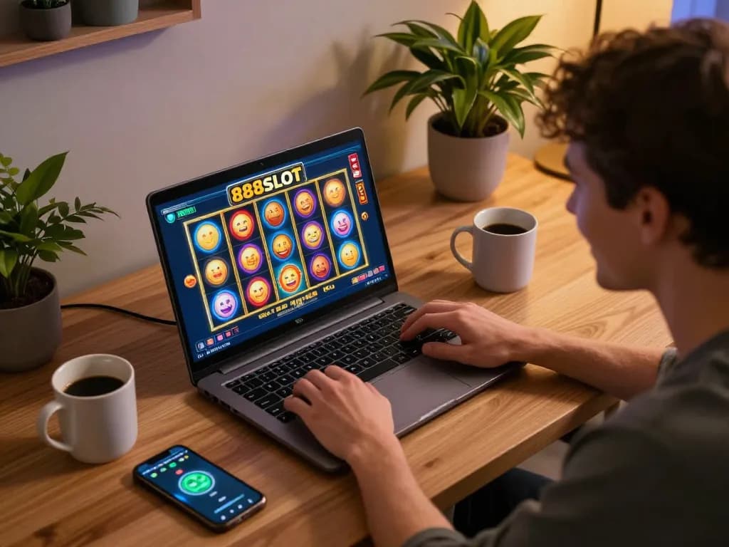 A player engaged in an exciting 888SLOT session on a laptop, showcasing a vibrant online gaming atmosphere.