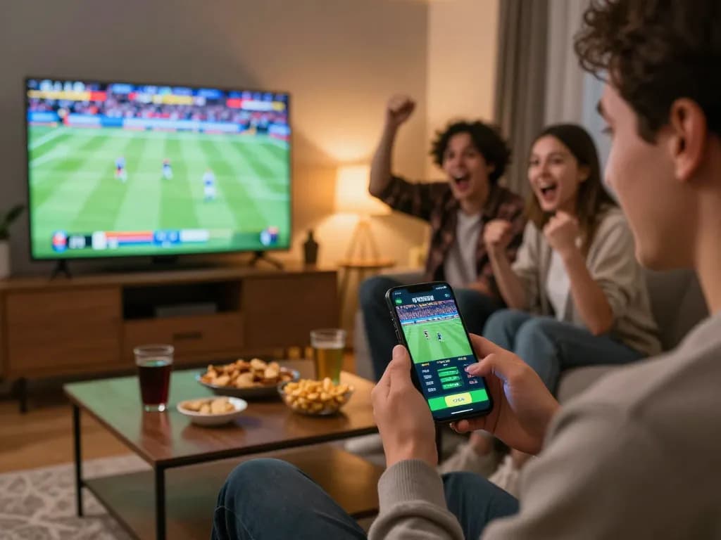 Engaged user placing a tip88 sports bet on smartphone during a lively home viewing party.