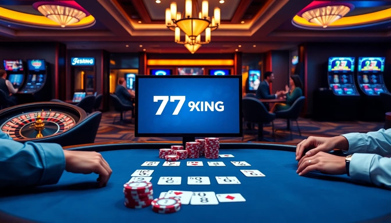 Experience online gaming excitement at 79KING with luxury poker chips and cards in a vibrant casino scene.
