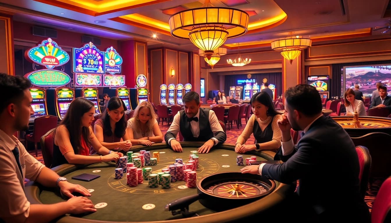 BJ88 players celebrating a huge win at a luxurious poker table with vibrant casino decor.