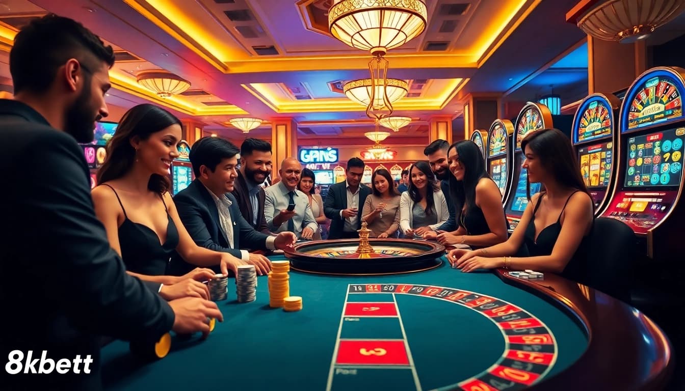 Exciting casino scene showcasing a luxurious 8kbet experience with poker chips, roulette, and diverse players.