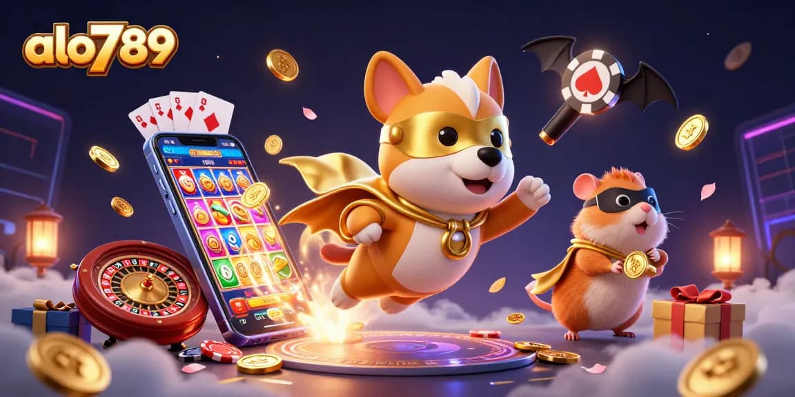 Alo789 enhances gaming excitement with a playful superhero dog flying through casino elements.