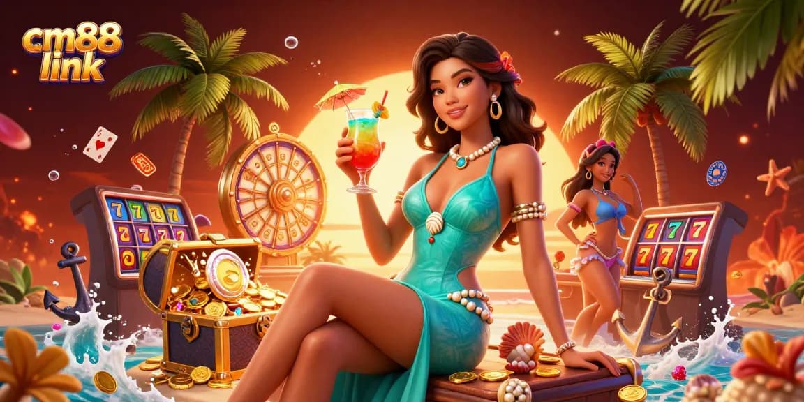 Experience gaming magic with the cm88 link at a vibrant beach casino, featuring stunning characters and dynamic gaming elements.