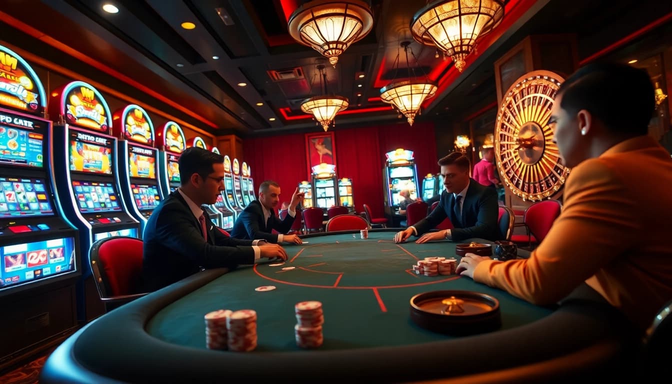 Experience high-stakes poker action at hitclub's luxurious casino scene, featuring elegant players and vibrant slot machines.