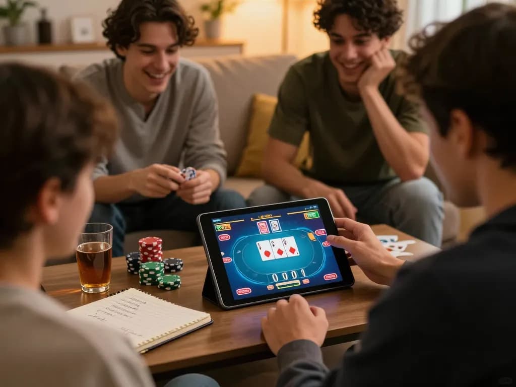 Players experience exciting poker action on PP9WIN platform using tablets at home, showcasing digital gameplay.