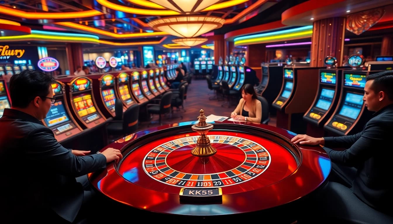 Players enjoying thrilling games at KK55 casino with luxurious slots and a roulette table.
