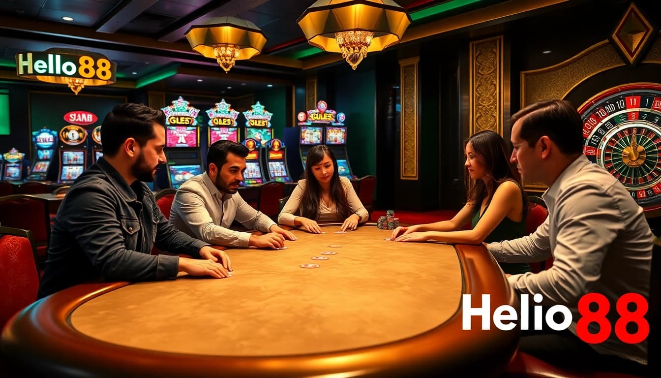 Hello88 players engaged in an exciting poker game at a luxurious casino table.