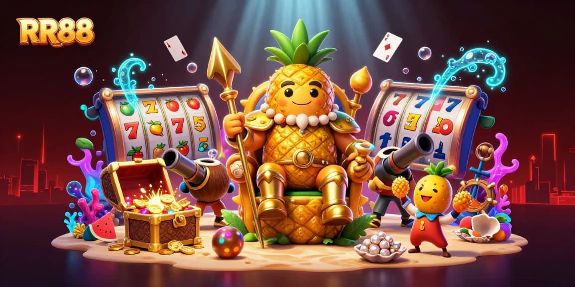 Engage with RR88's exciting slot experience featuring a golden pineapple king and vibrant casino elements.