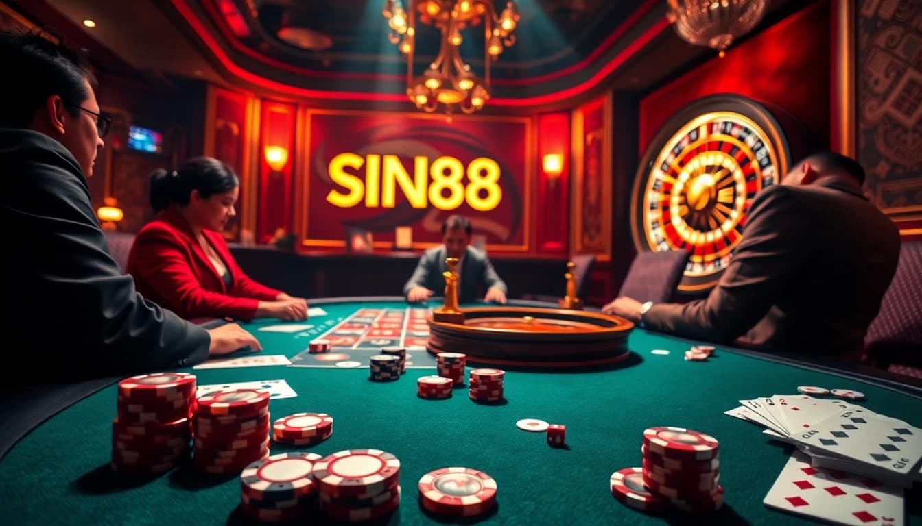 Players strategizing at the SIN88 poker table with chips and cards in a luxurious casino.