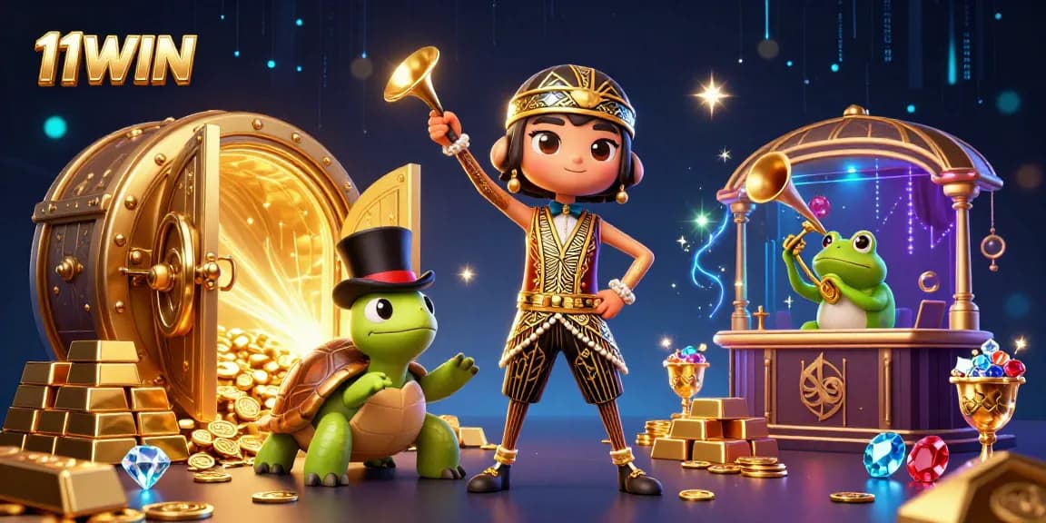 Experience the thrill of 11WIN with vibrant characters, treasure, and dynamic casino elements.