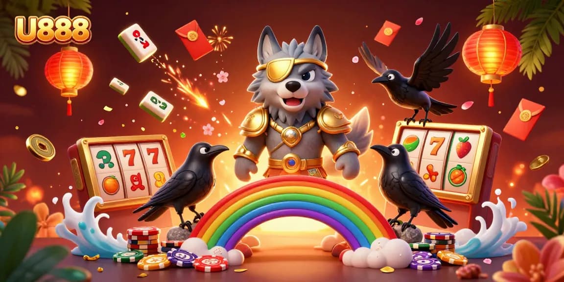 U888's Odin wolf and ravens celebrate casino wins amidst vibrant slot symbols and festive decorations.